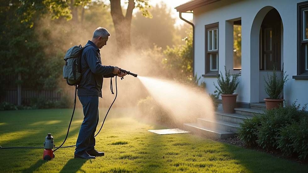 High angle view of a pressure washer cleaning a house exterior