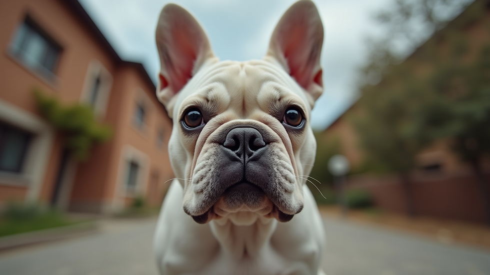 Eye-level view of a French Bulldog with clean wrinkles