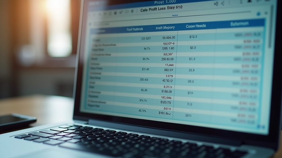 Close-up view of a laptop screen showing a digital profit and loss statement