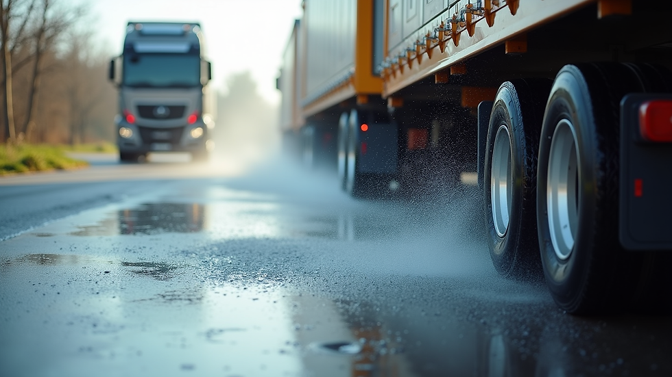 Close-up view of a fleet washing service in action with water spray on a truck