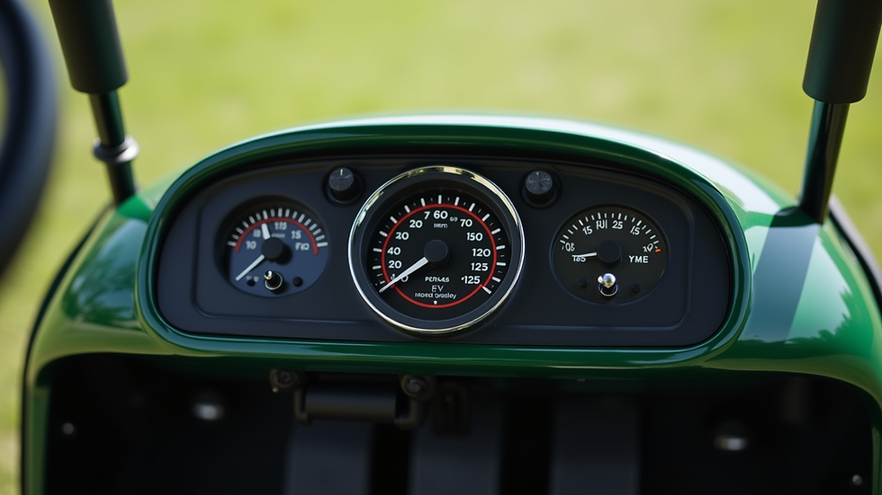 Close-up view of a new golf cart dashboard showing controls and speedometer