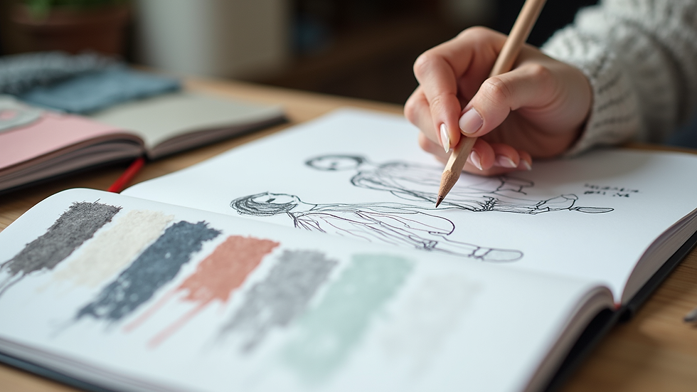 Close-up of a fashion sketchbook with pencil and fabric swatches