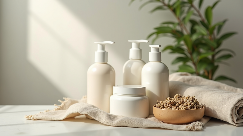 Eye-level view of natural skincare products arranged on a linen cloth