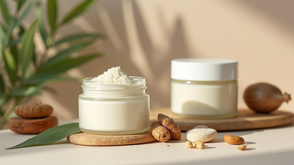 Close-up view of organic skincare jars with natural ingredients