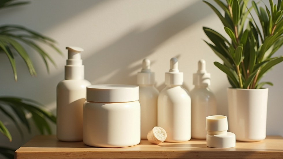 Eye-level view of natural skincare products arranged on wooden shelf