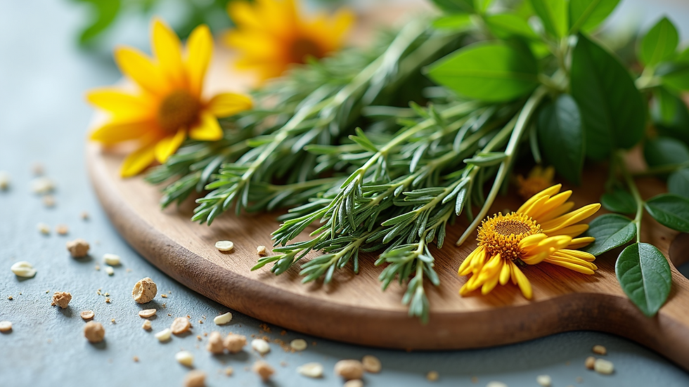 High angle view of fresh herbs and flowers used in natural skincare