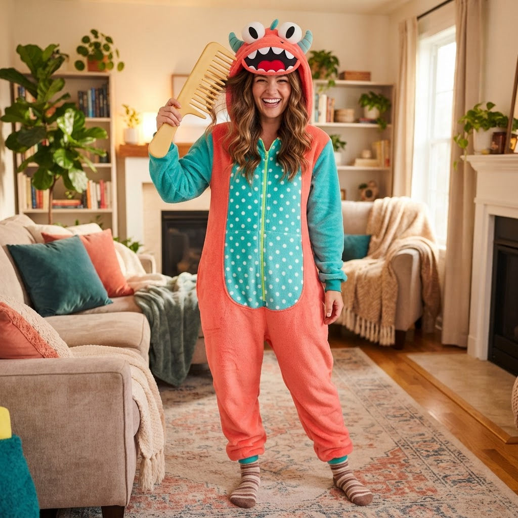 The Monster Hood Onesie - oversized goofy monster hood onesie in coral and teal