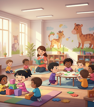 Illustration of toddlers and a teacher engaging in creative play in a warm daycare setting.
