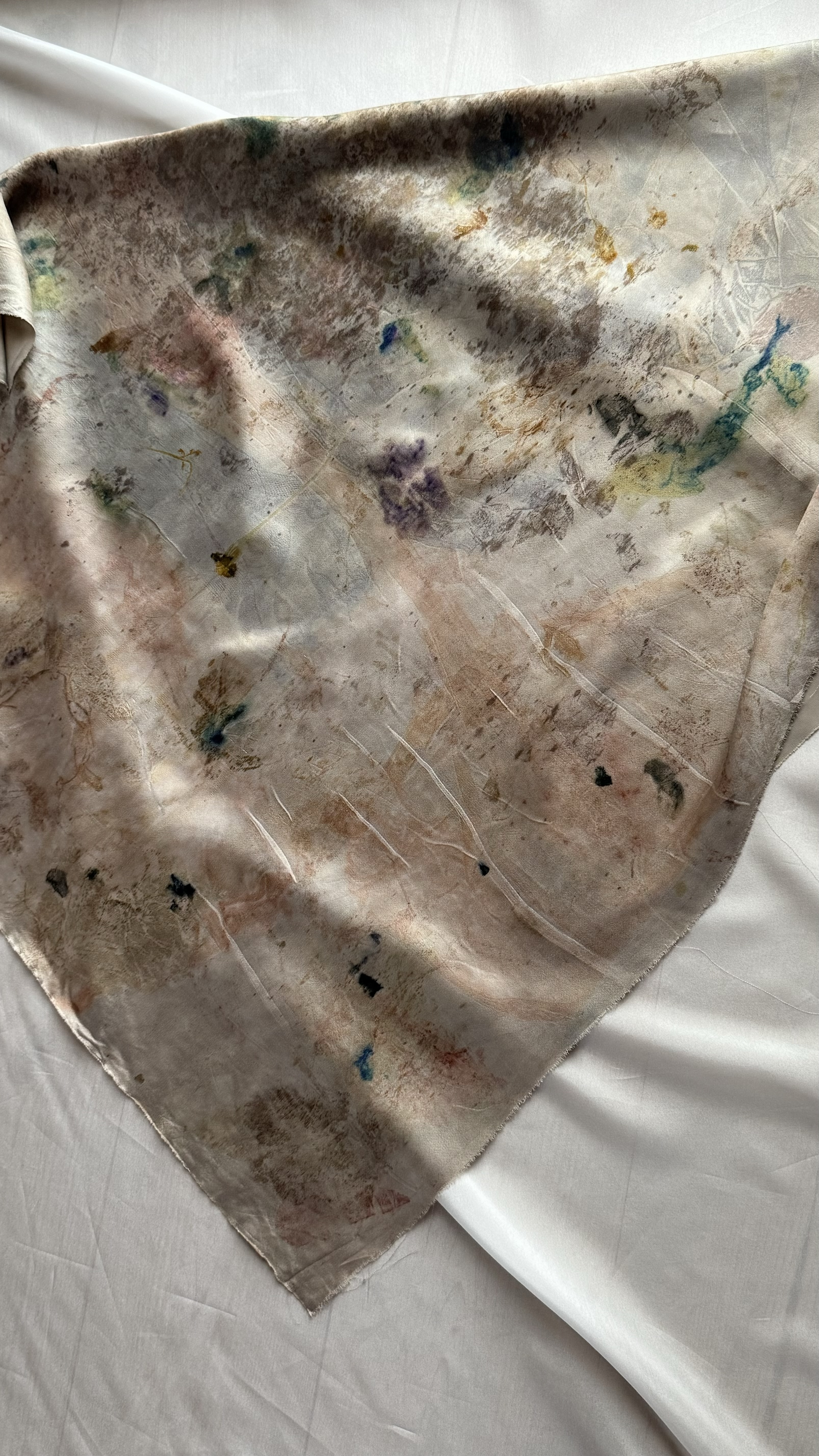 oluhi, hand sewn clothing, plant dyes, natural dyes, botanical dyes, botanical prints, compostable fabrics, eco prints, silk scarf, plant printed silk