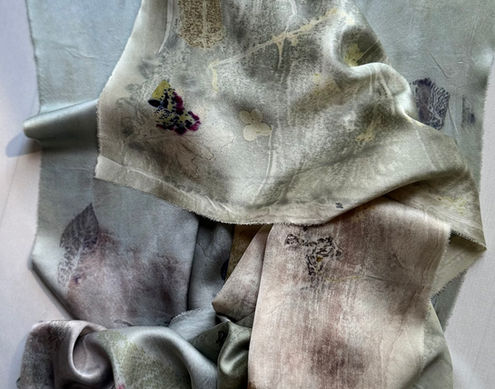 botanical print on silk, eco print, plant dyes, silk scarf, oluhi, oluhi clothing, oluhi scarf 