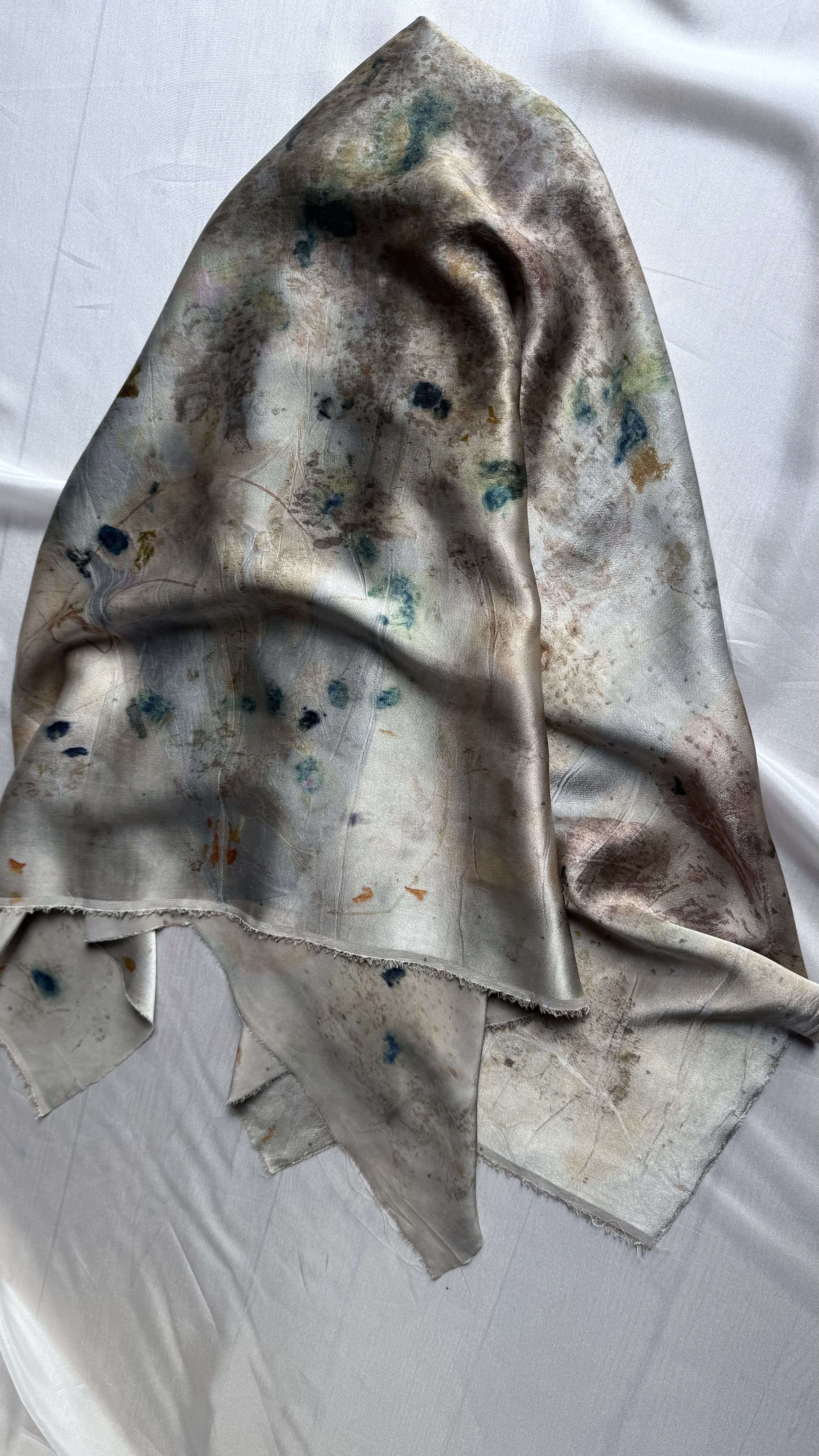 oluhi, hand sewn clothing, plant dyes, natural dyes, botanical dyes, botanical prints, compostable fabrics, eco prints, silk scarf, plant printed silk