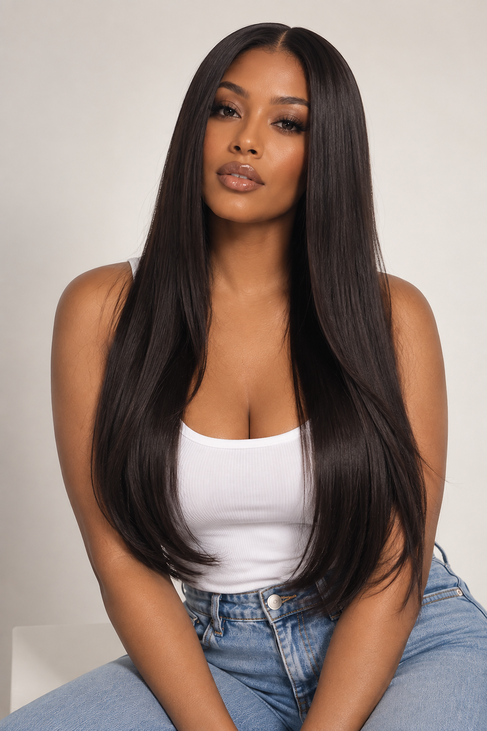 Model wearing long straight raw human hair extensions, front view