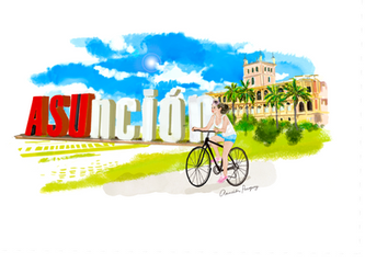 パラグアイのアスンシオンで、自転車に乗る若い女性。背景にはロペス宮殿と「ASUNCIÓN」のモニュメント。明るい夏の空の下。A young woman rides a bicycle in front of the ASUNCIÓN monument in Asunción, Paraguay, with the Palacio de los López in the background under a bright blue summer sky.