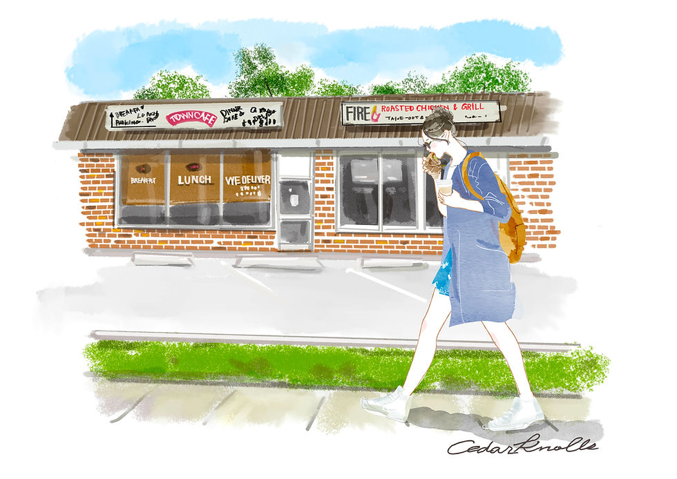 シダーノールズの風景を食べ歩くシダーノールズの風景を食べ歩く女性のイラストAn illustration of a woman walking and eating in the townscape of Cedar Knolls, New Jersey.