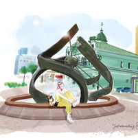 An illustration of a woman sitting by the fountain, retying her shoelaces, watched over by a cat.