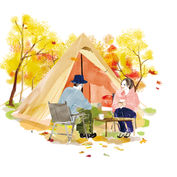秋のキャンプを楽しむ30代〜40夫婦のイラスト｜広告・書籍・キービジュアル向け｜大人の甘さとビター｜ライフスタイルイラスト｜Takako