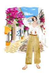 イラストレーターTakako作品：スペイン・マラガ × ZARA風ファッション｜大人女性向け｜書籍・CM・広告向き｜大人の甘さとビター｜ファッション×都市×ライフスタイル｜soft cinematic atmosphere