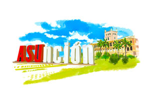 パラグアイのアスンシオンで、自転車に乗る若い女性。背景にはロペス宮殿と「ASUNCIÓN」のモニュメント。明るい夏の空の下。A young woman rides a bicycle in front of the ASUNCIÓN monument in Asunción, Paraguay, with the Palacio de los López in the background under a bright blue summer sky.