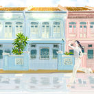 Singapore, Joo Chiat × Loewe Paula’s Ibiza風ファッション｜大人女性向け｜広告・書籍・CM・ポスター向き｜大人の甘さとビター｜ファッション×都市×ライフスタイル｜Takako｜soft cinematic atmosphere｜雨季の合間に差し込む日差しの中を走る女性とプラナカン建築
