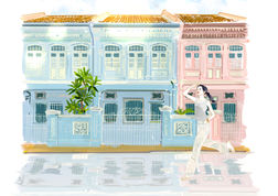 Singapore, Joo Chiat × Loewe Paula’s Ibiza風ファッション|大人女性向け|広告・書籍・CM・ポスター向き|大人の甘さとビター|ファッション×都市×ライフスタイル|Takako|soft cinematic atmosphere|雨季の合間に差し込む日差しの中を走る女性とプラナカン建築