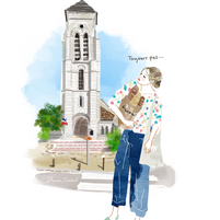 法國克雷泰伊的聖克里斯多福教堂為主題插畫，一位女性手拿法國麵包，正在等待某人。.