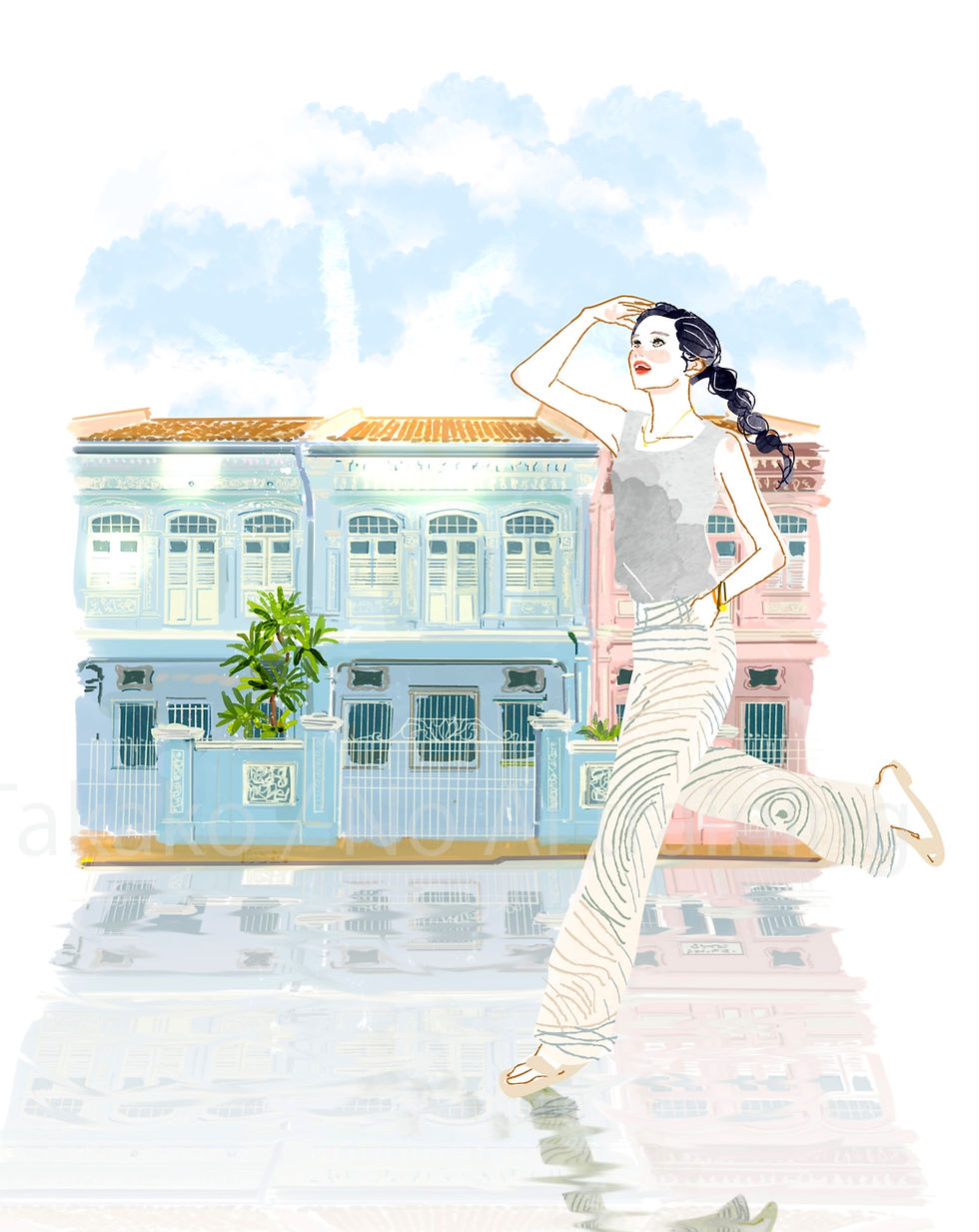 Singapore, Joo Chiat × Loewe Paula’s Ibiza–inspired fashion|For mature women|Suitable for advertising, publishing, CM, and posters|Sweet & bitter adult mood|Fashion × city × lifestyle|Takako|Soft cinematic atmosphere|A woman running through sunlight during a break in the monsoon season, with Peranakan shophouses behind her