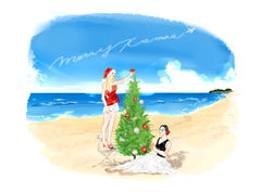 New Zealand, Tauranga × Glassons風ファッション|大人女性向け|広告・書籍・CM・ポスター向き|大人の甘さとビター|ファッション×都市×ライフスタイル|Takako|soft cinematic atmosphere|夏のクリスマス、ポフツカワを手に静かに佇む日焼け肌の女性とビーチの風景