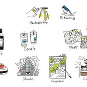 ヒアリングシートの選択肢をイメージしたイラスト（ビール、指輪、鳥の観察、自転車、読書とワイン、キャンドル、地図、ケーキ、チャペル、森の中の案内板、カフェ）