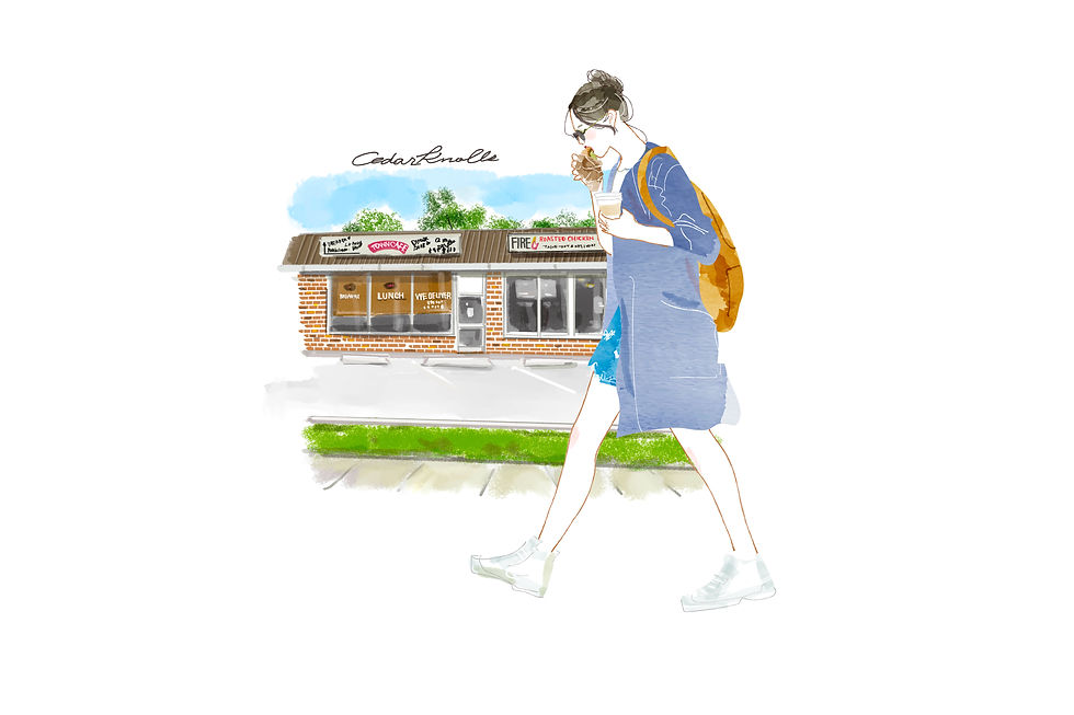 シダーノールズの風景を食べ歩くシダーノールズの風景を食べ歩く女性のイラストAn illustration of a woman walking and eating in the townscape of Cedar Knolls, New Jersey.