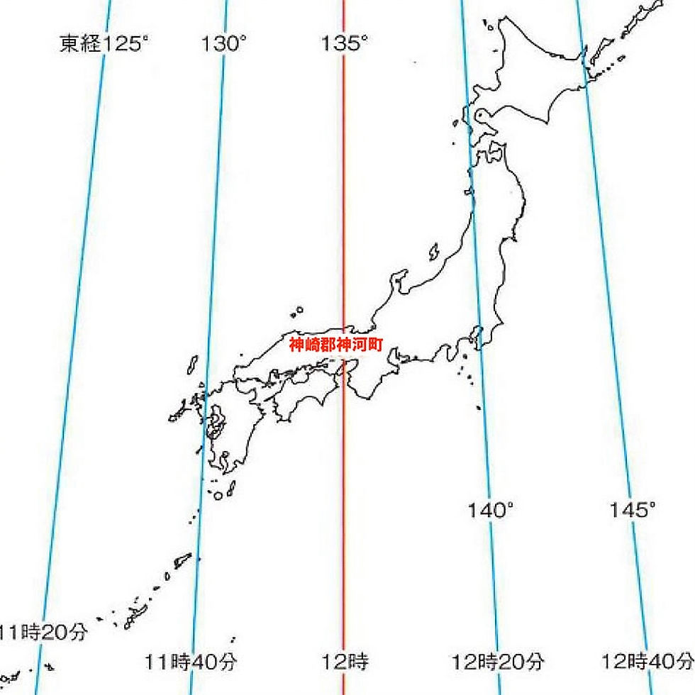 東経135度と兵庫県神河町の位置関係を示した地図