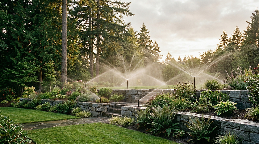 Sprinklers watering a garden with stone hardscaping
