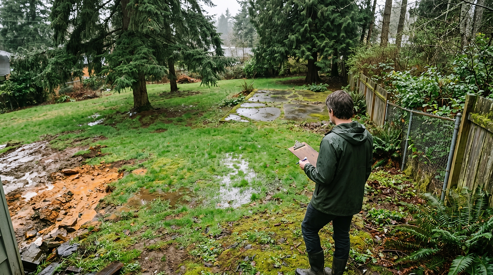 Homeowner walking a sloped residential backyard in Victoria BC assessing site conditions including drainage slope and existing structures before planning a hardscape project