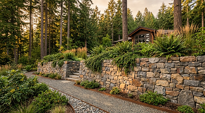 Bear Mountain hardscaping with stone walls and gravel path.