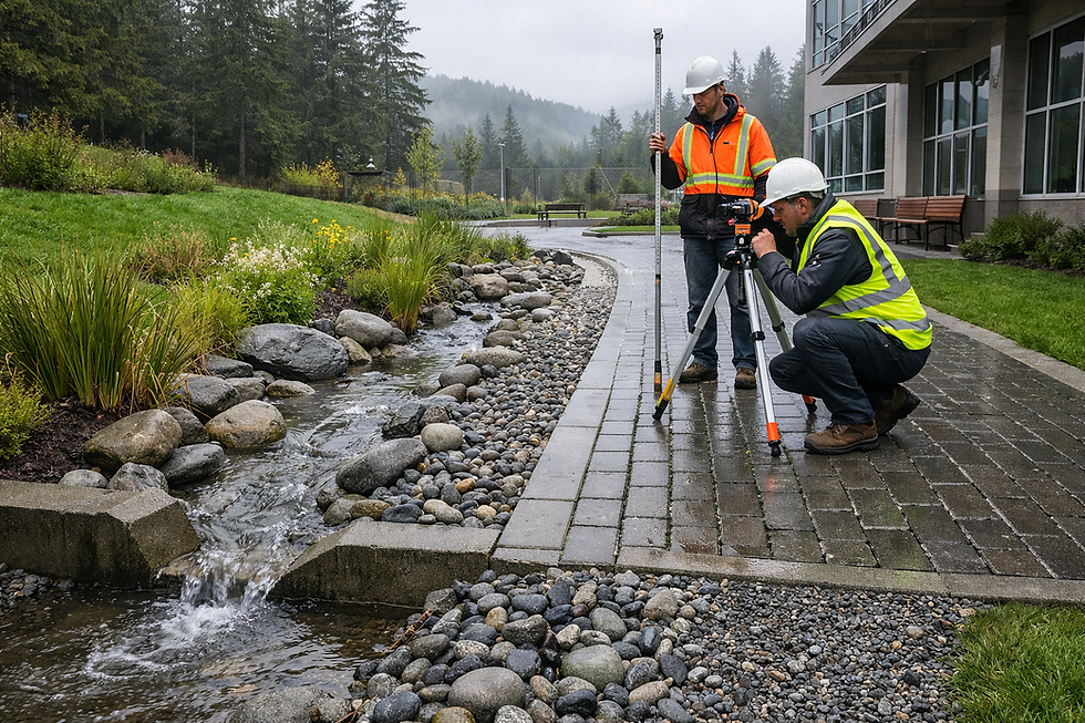 Two crew members assess drainage flow beside a bioswale and permeable paver walkway at an institutional site on Vancouver Island, with rain garden planting and rock channeling visible. 
