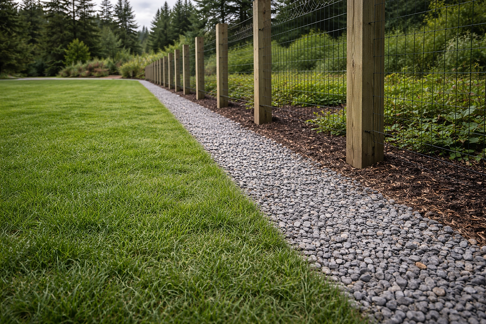 Clean gravel maintenance strip along a fence line reducing weeds and improving landscape edge durability on Vancouver Island.