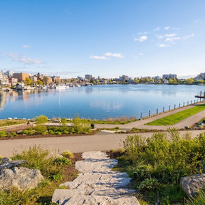 Residential trail by water with city skyline
