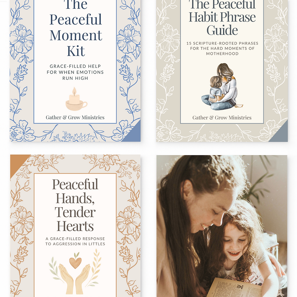 Four covers with floral designs and text: The Peaceful Moment Kit, The Peaceful Habit Phrase Guide, Peaceful Hands, Tender Hearts. Woman and child smiling.