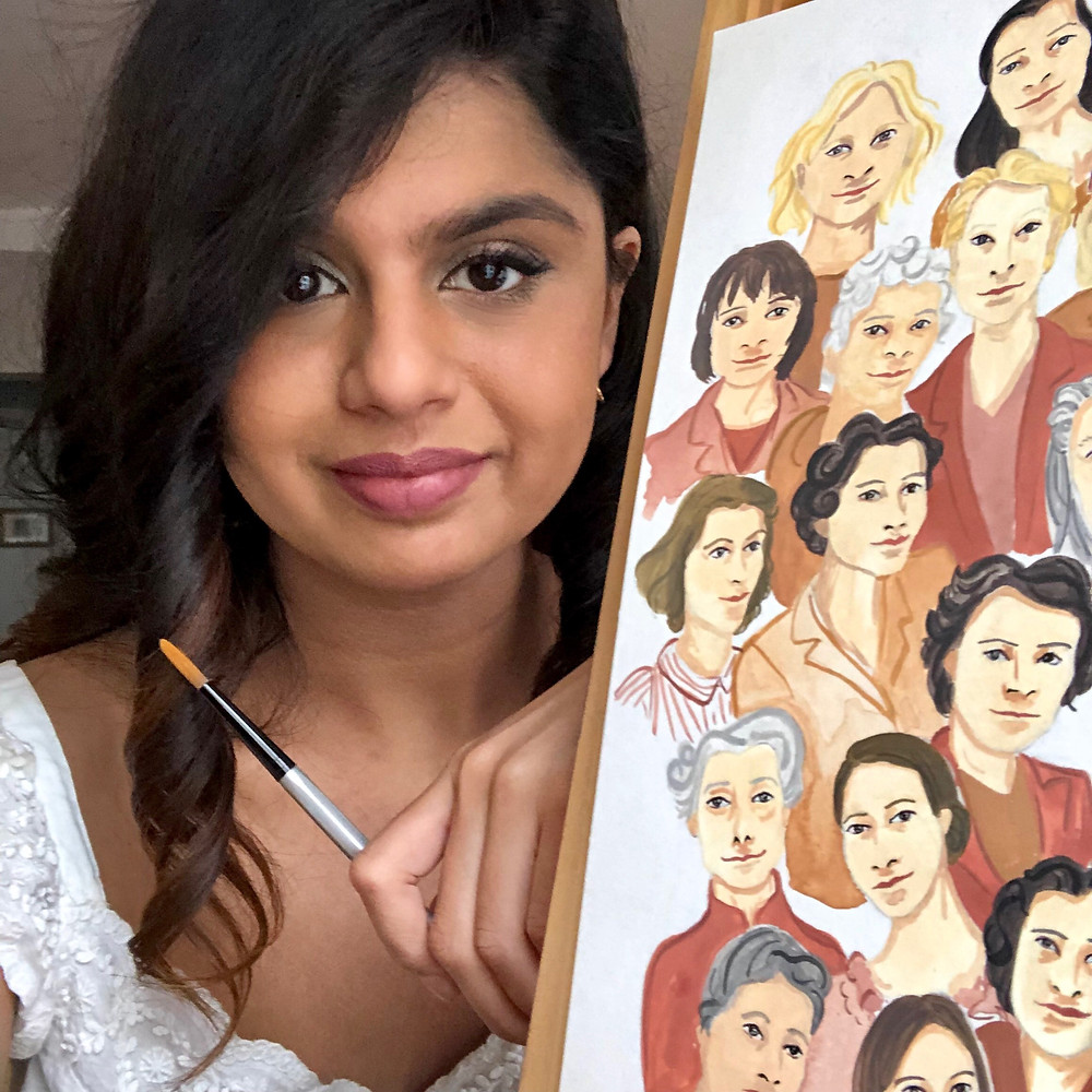 Nina with an illustration of lots of women in science.