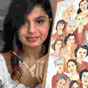 Nina with an illustration of lots of women in science.