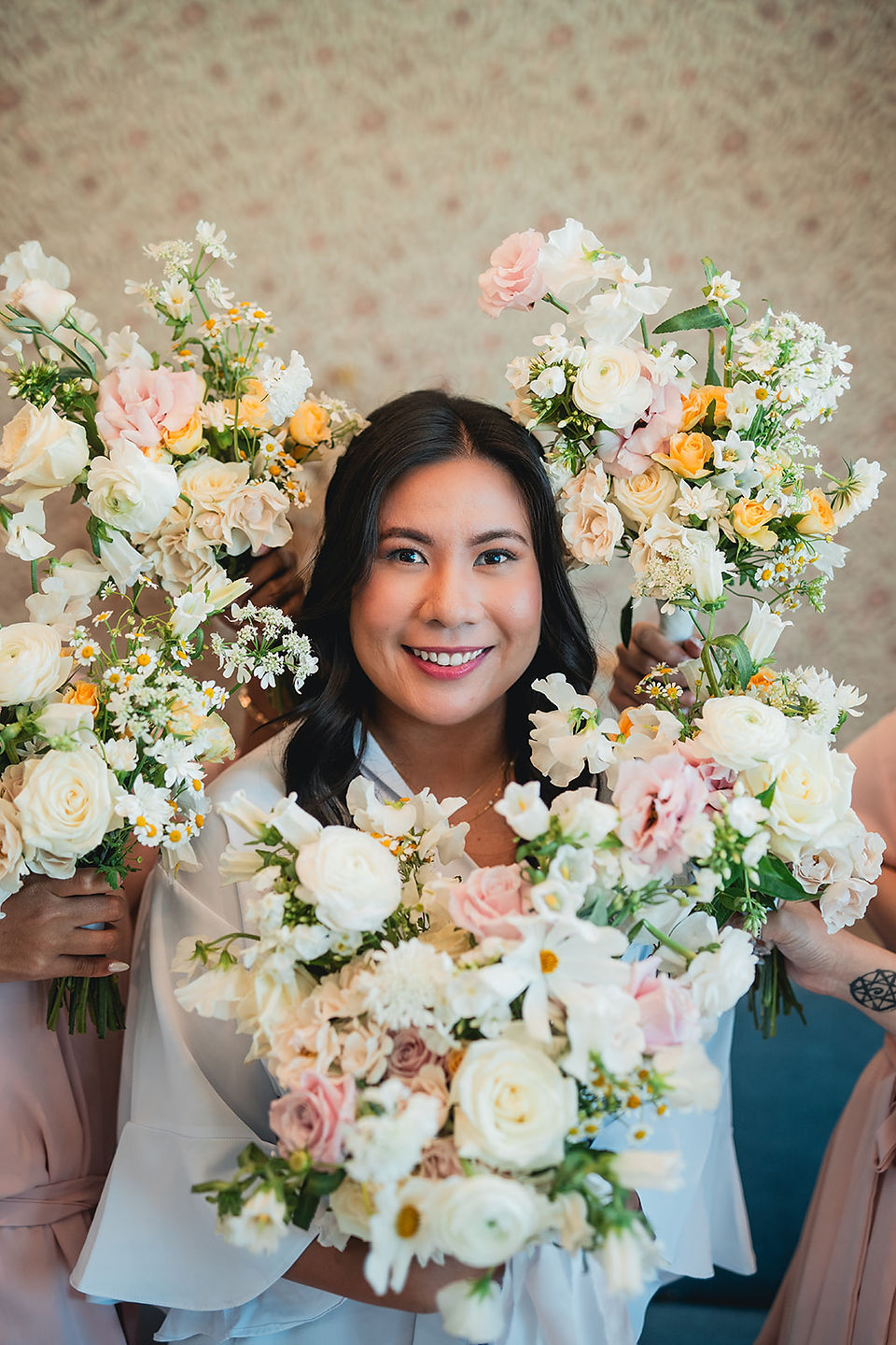 Bride with bouquets framing her face before the ceremony at The Richland photo by Alvis Pham Photography, Orange County California Wedding Photographer