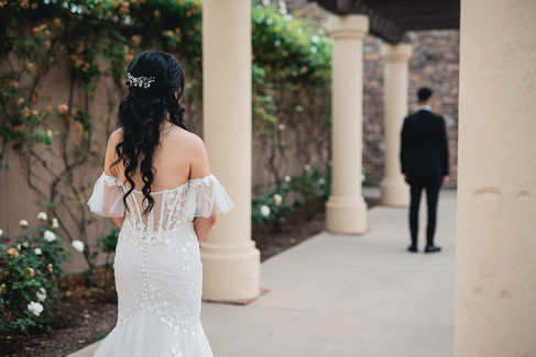 Bride about to see groom in first look at Aliso Viejo by Wedgewood Weddings by Alvis Pham Photography, Orange County California Wedding Photographer