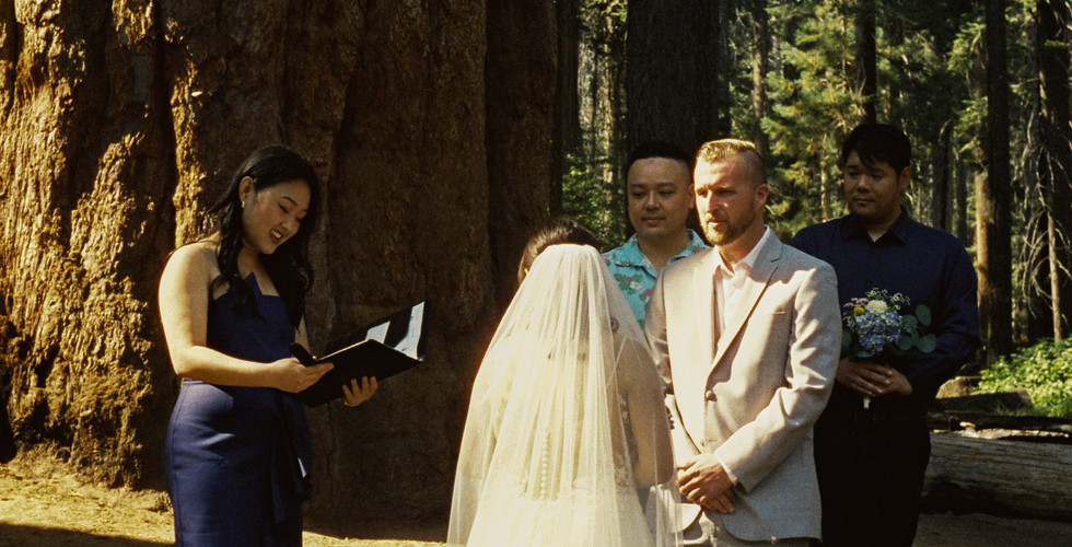 Groom looks at bride during ceremony for elopement at Sequoia National Park by Alvis Pham Photography, Orange County California Wedding Photographer
