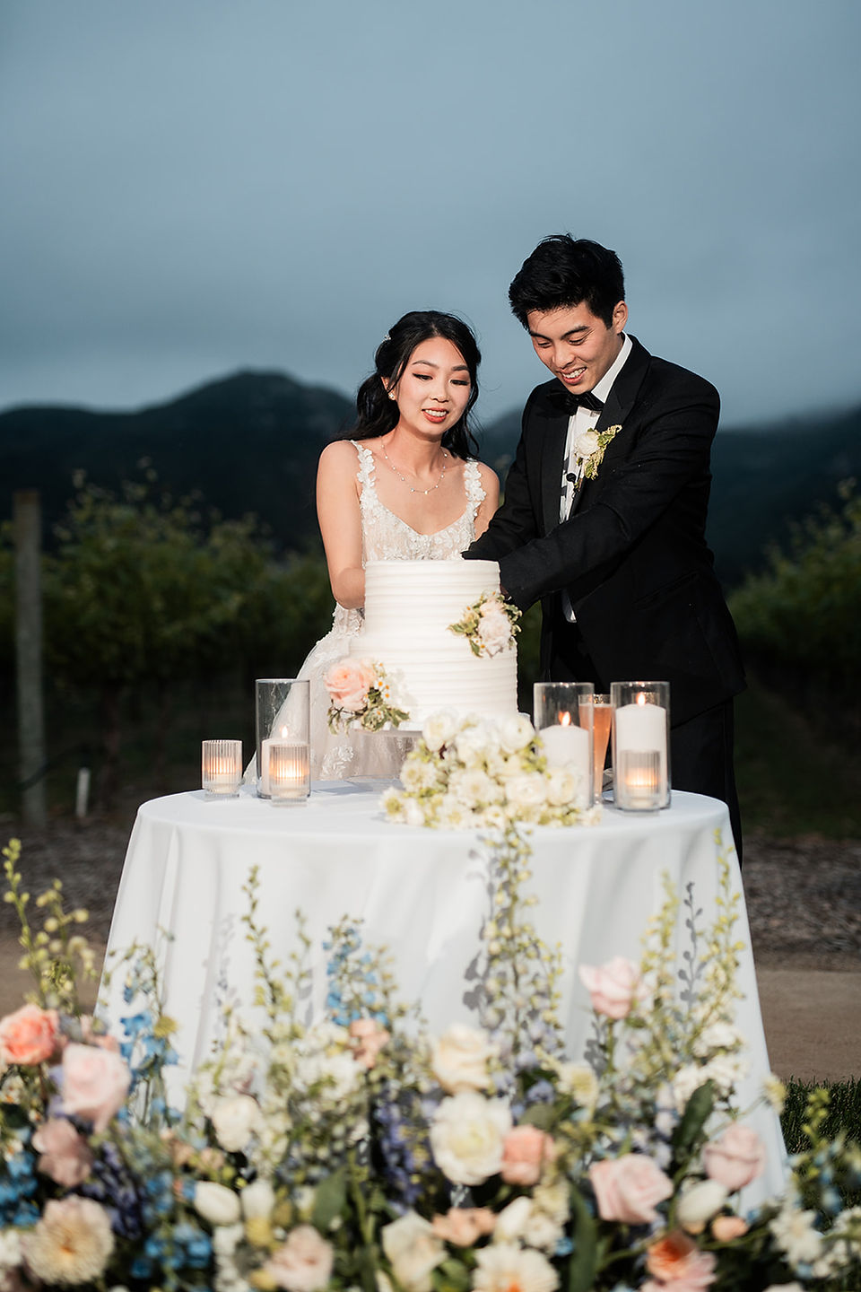 Newly weds cut their cake together at Mizel Estate Vineyard shot by Alvis Pham Photography, Orange County California Wedding Photographer