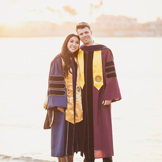 Bride and groom in graduation gear after newly wed photoshoot at Newport Beach shot by Paper Birch Collective, California Wedding Photographer in Orange County