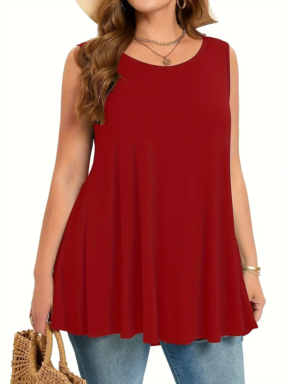 Thumbnail: Plus Size Simple Solid Tank Top Casual Crew Neck Sleeveless Tank Top for Summer