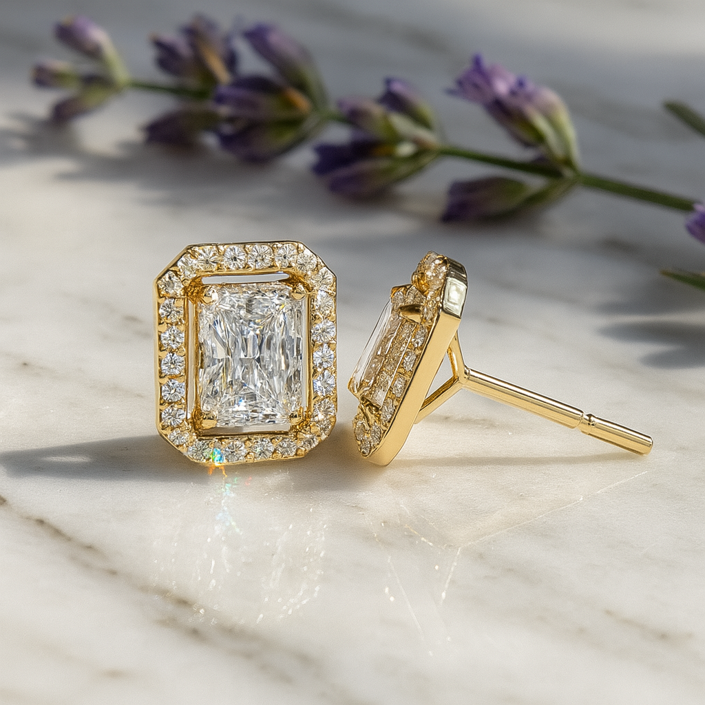 Radiant-Cut Halo Diamond Studs