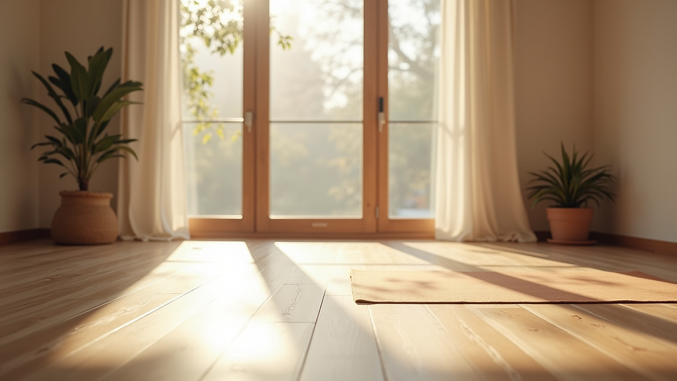 Eye-level view of a serene yoga studio with natural light