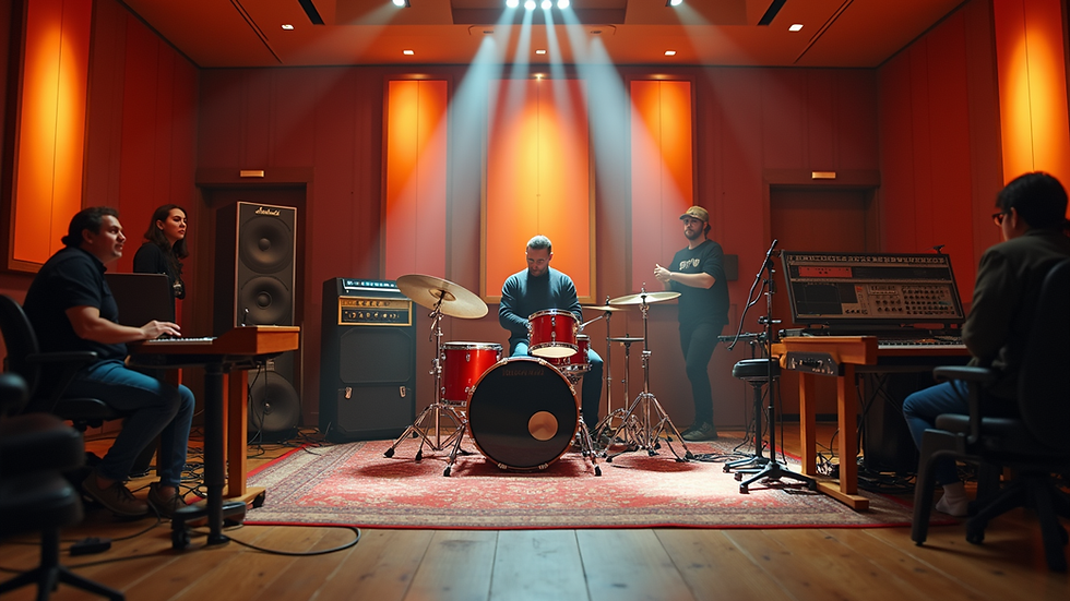 Eye-level view of a vibrant recording studio filled with musical instruments