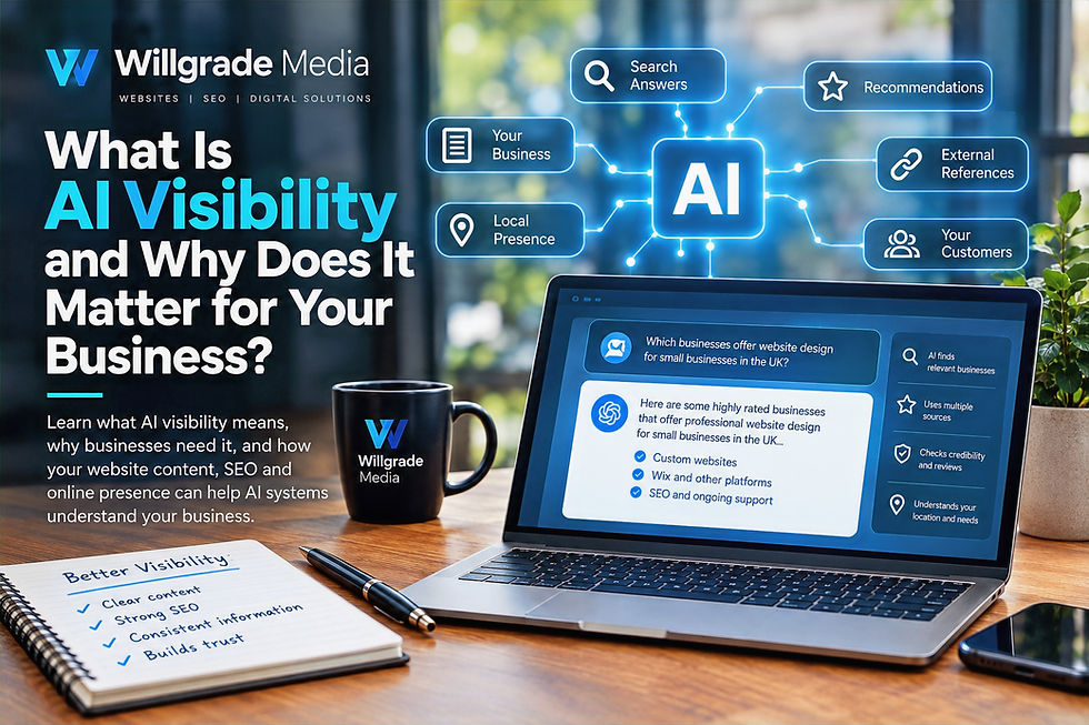 AI visibility for businesses, showing how a website, SEO, content and online presence help AI systems understand a business