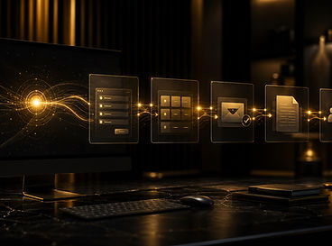 Digital icons glowing above a desk representing workflow.